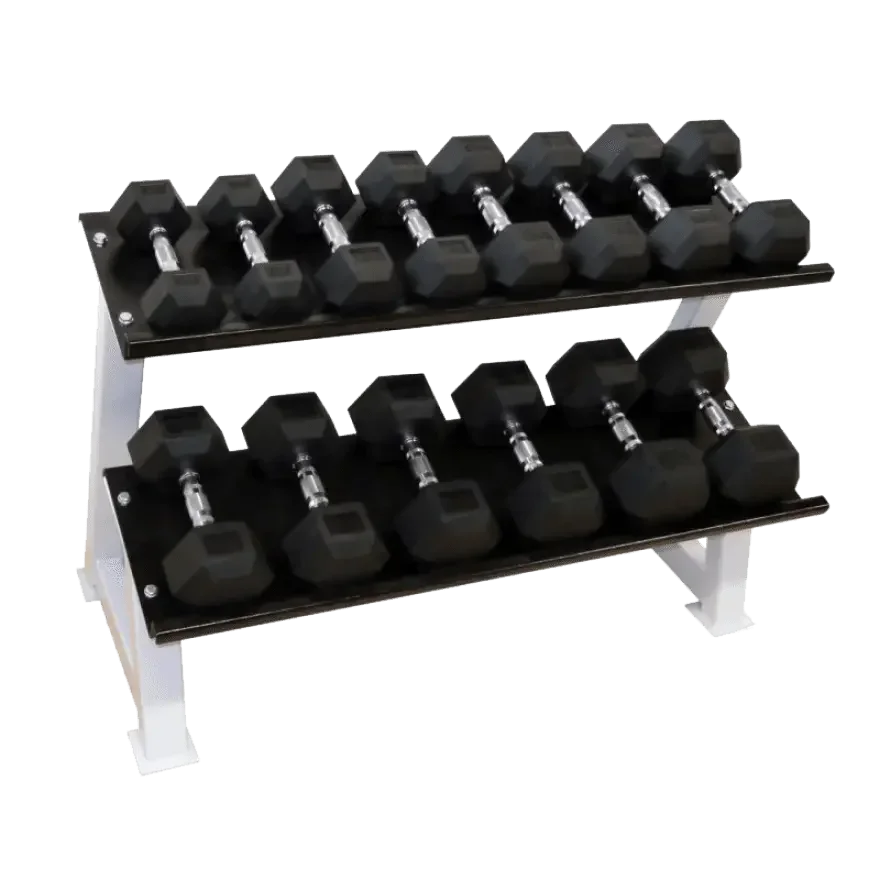 Hantelset mit 2-Ebenen-Regal für Homegym & Studio – robuste Hexagon-Hanteln für Krafttraining