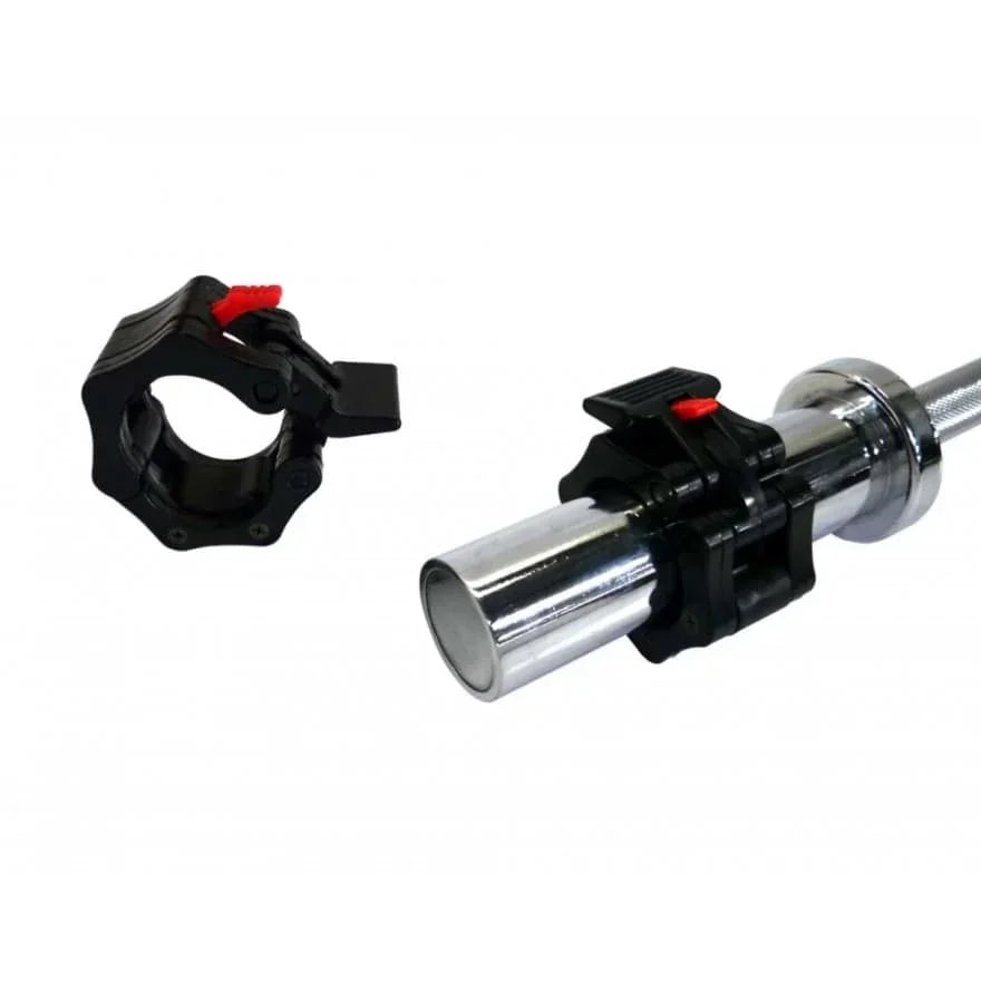 Hantelscheibenhalter mit rotem Schnellverschluss für Langhantel, ideal für Homegym & Krafttraining