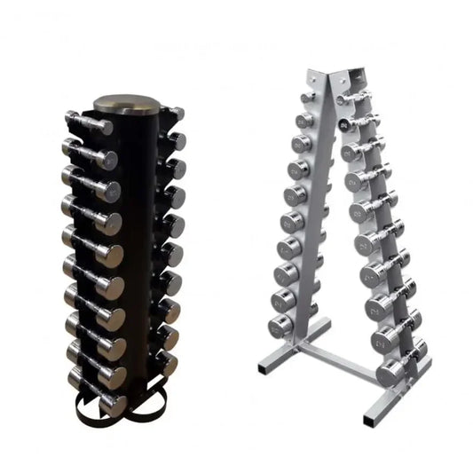 Hantelständer für Homegym: schwarzer Zylinder- und silberner A-Frame-Halter mit Chromhanteln