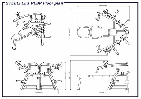 STEELFLEX PLBP Kraftstation Maßzeichnung – technische Zeichnung mit Abmessungen für Homegym & Studio