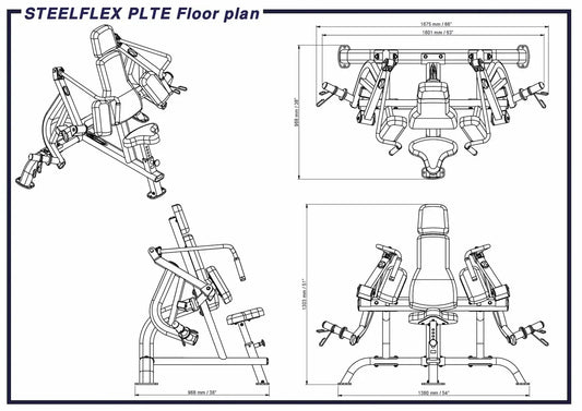 STEELFLEX PLTE Kraftstation Maßzeichnung für Homegym & Studio – detaillierte Abmessungen und Aufbauansicht
