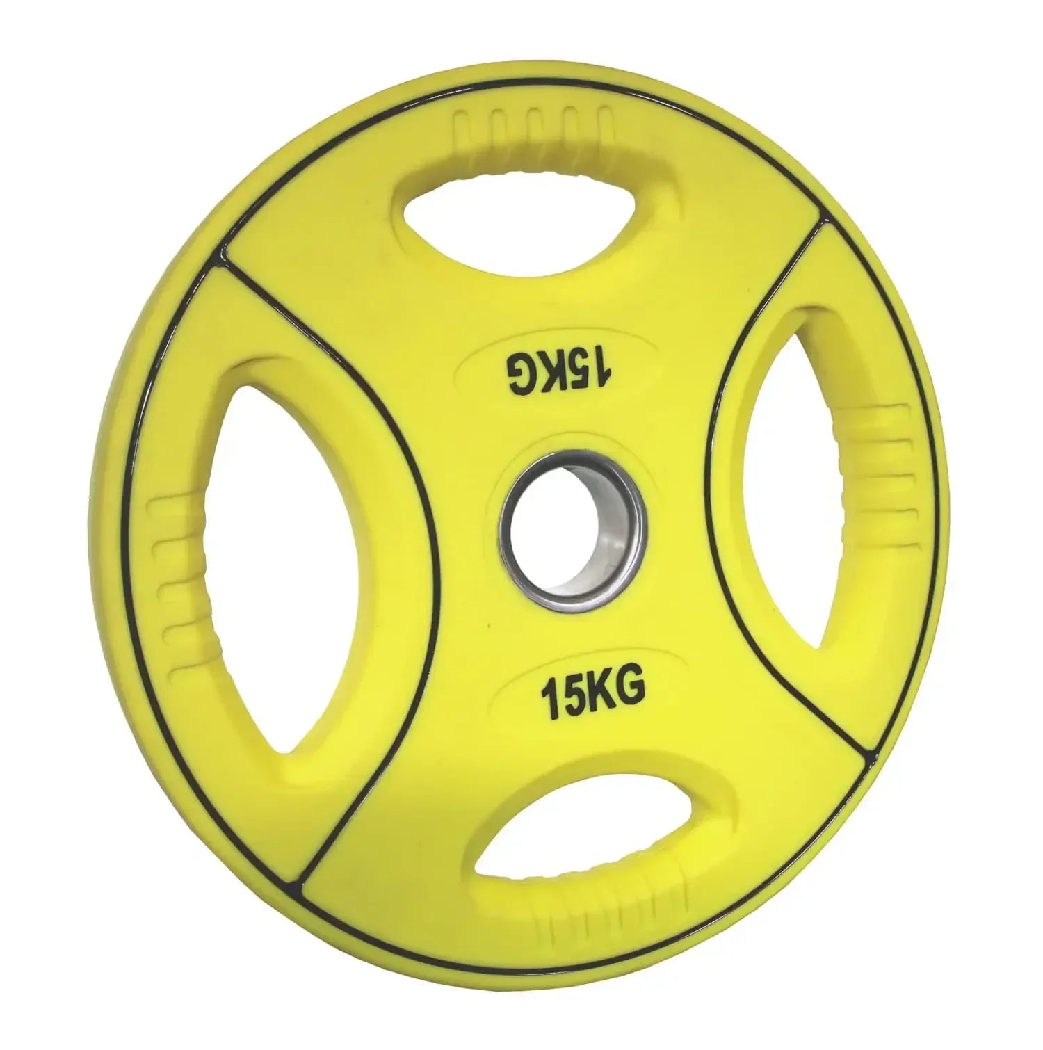 Gelbe 15kg Hantelscheibe mit Griffen für Krafttraining und Homegym