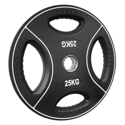 25kg Hantelscheibe mit Griffen für Krafttraining und Homegym, schwarz mit weißer Beschriftung