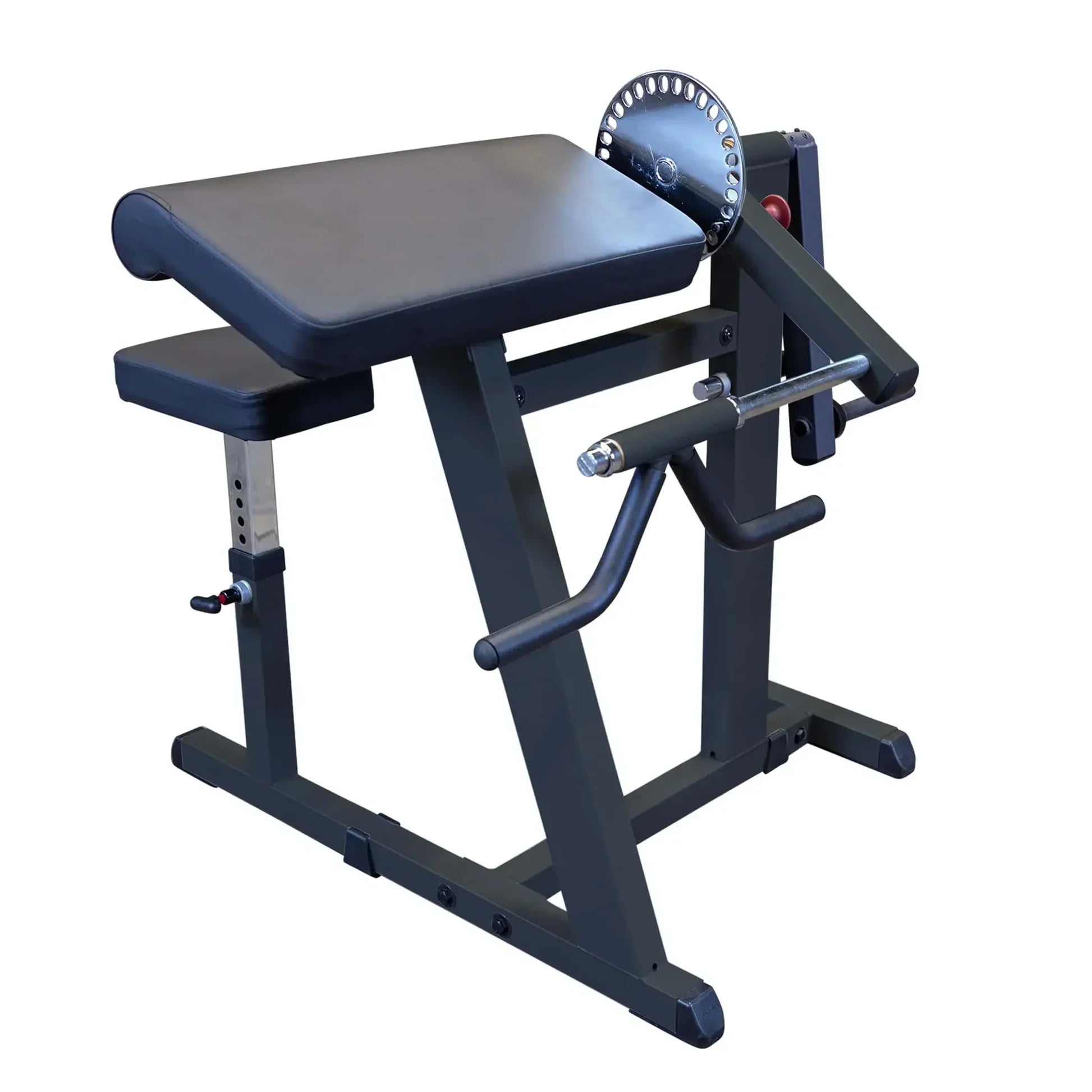 Schwarze Kraftstation mit gepolstertem Sitz und Gewichtsplatte für Homegym-Training