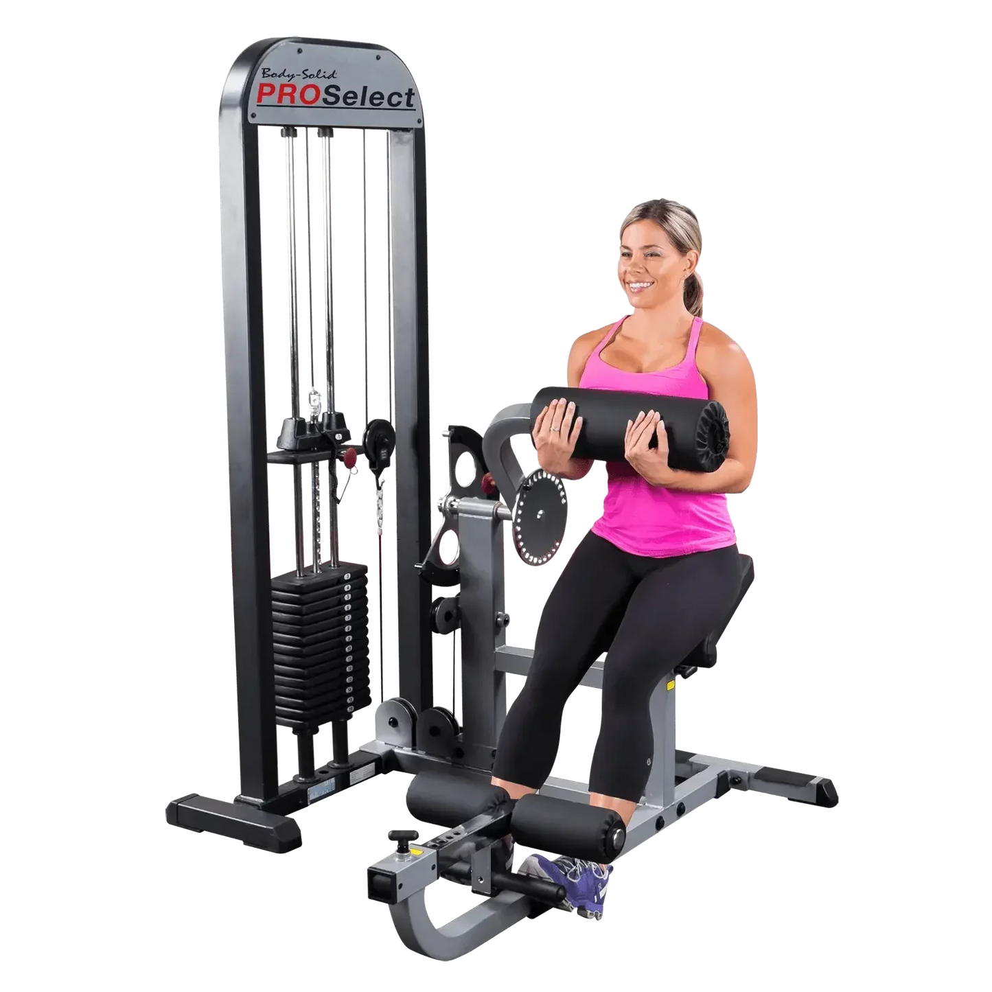 Frau trainiert an Body-Solid PROSelect Kraftstation mit Gewichtsscheiben und Kabelzug für Homegym & Studio