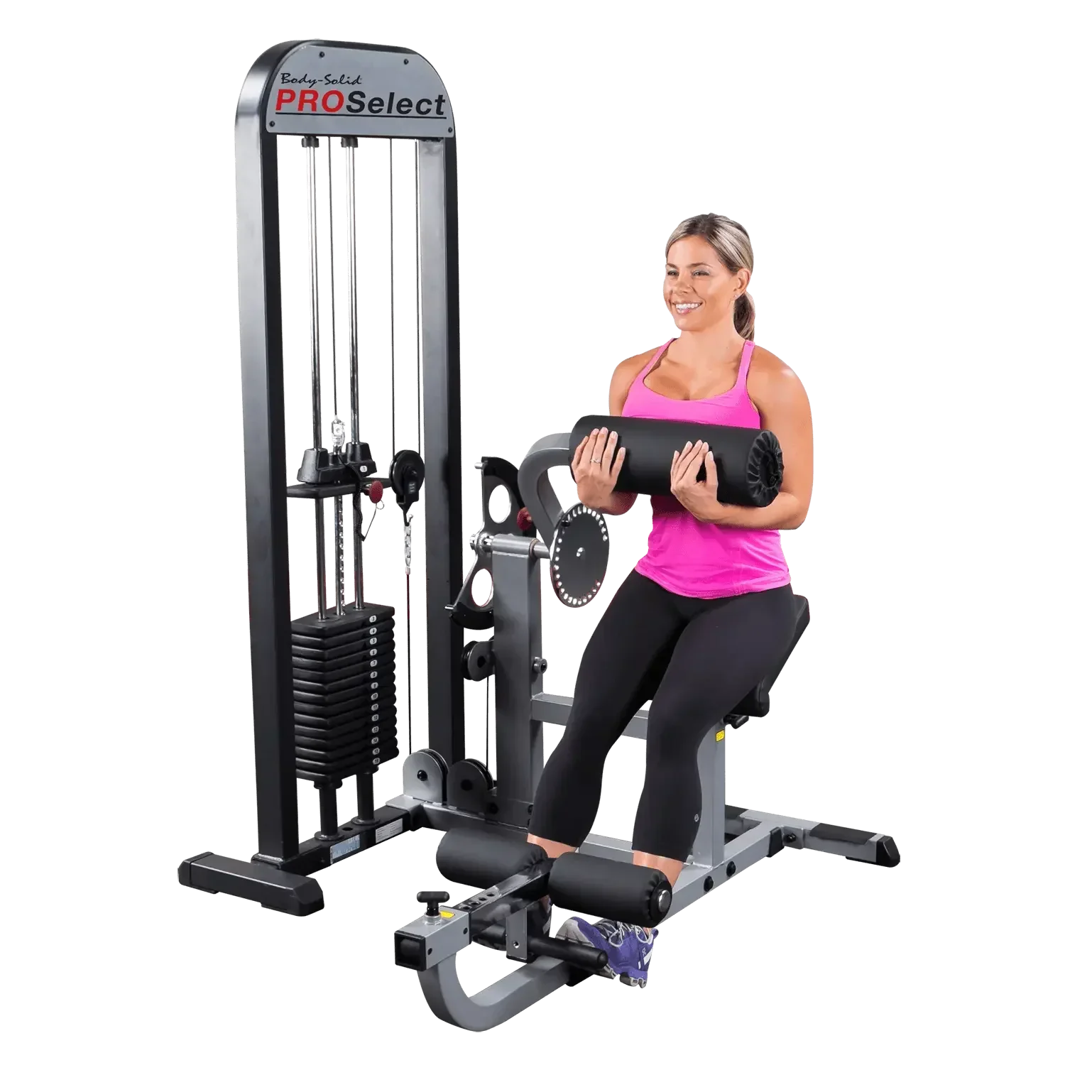 Frau trainiert an Body-Solid PROSelect Kraftstation mit Gewichtsscheiben und Kabelzug für Homegym & Studio