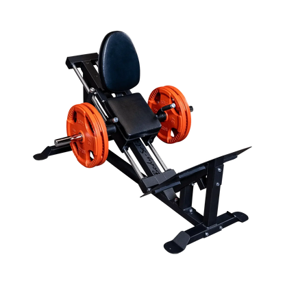 Schwarze Hantelbank mit orangefarbenen Gewichten für Krafttraining im Homegym oder Studio
