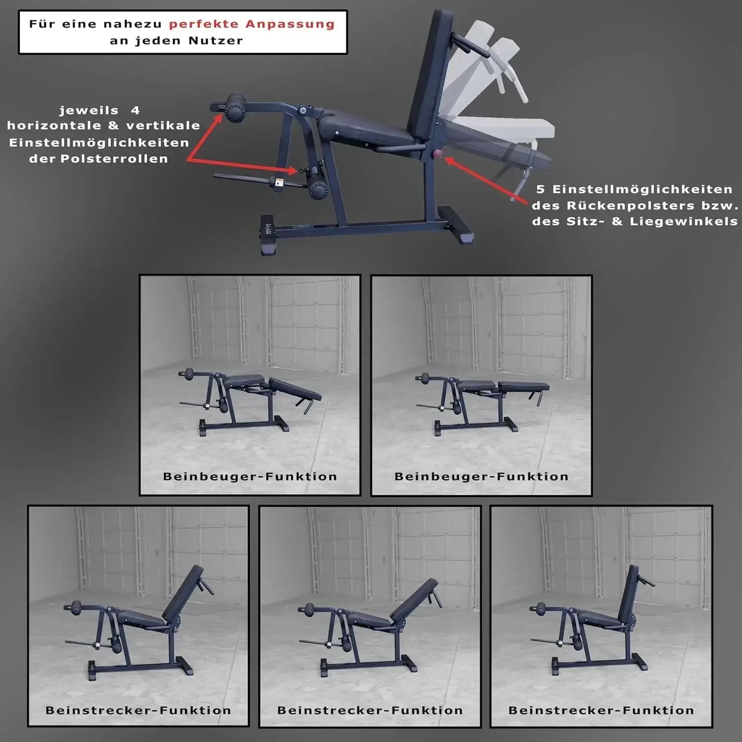 Verstellbare Hantelbank mit Beinbeuger- und Beinstrecker-Funktion für Homegym & Studio