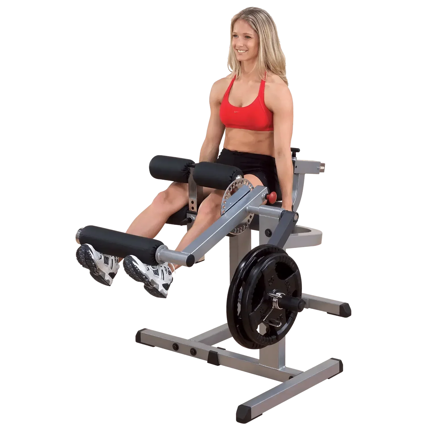 Frau trainiert Beine auf Fitness-Kraftgerät mit Gewichten für Homegym & Studio