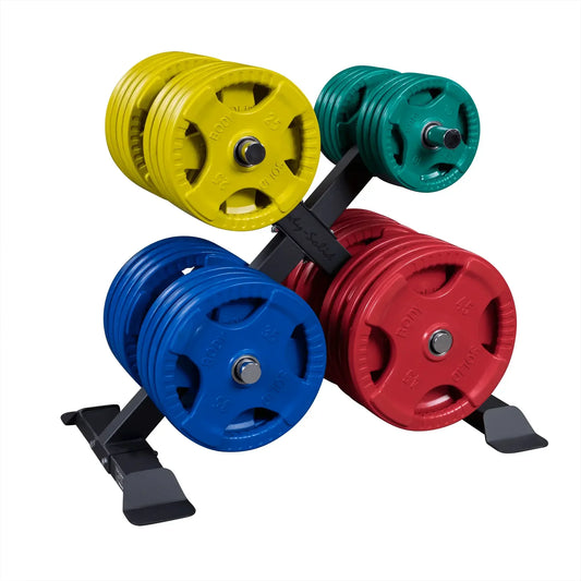 Farbige Hantelscheiben auf Halterung für Homegym & Fitnessstudio – Krafttraining Equipment