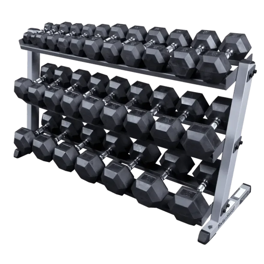 Hexagon-Hanteln auf Drei-Ebenen-Regal für Homegym & Studio Fitness-Kraftgeräte
