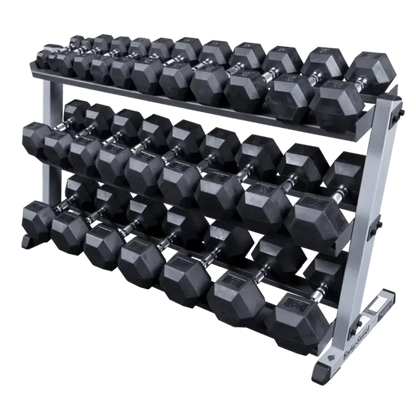 Hexagon-Hanteln auf Drei-Ebenen-Regal für Homegym & Studio Fitness-Kraftgeräte