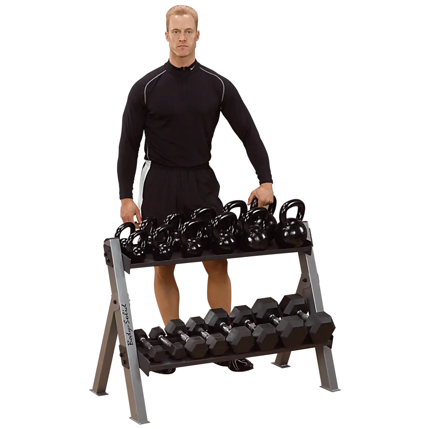 Mann mit Hantelbank und Kettlebells für Homegym & Studio Training