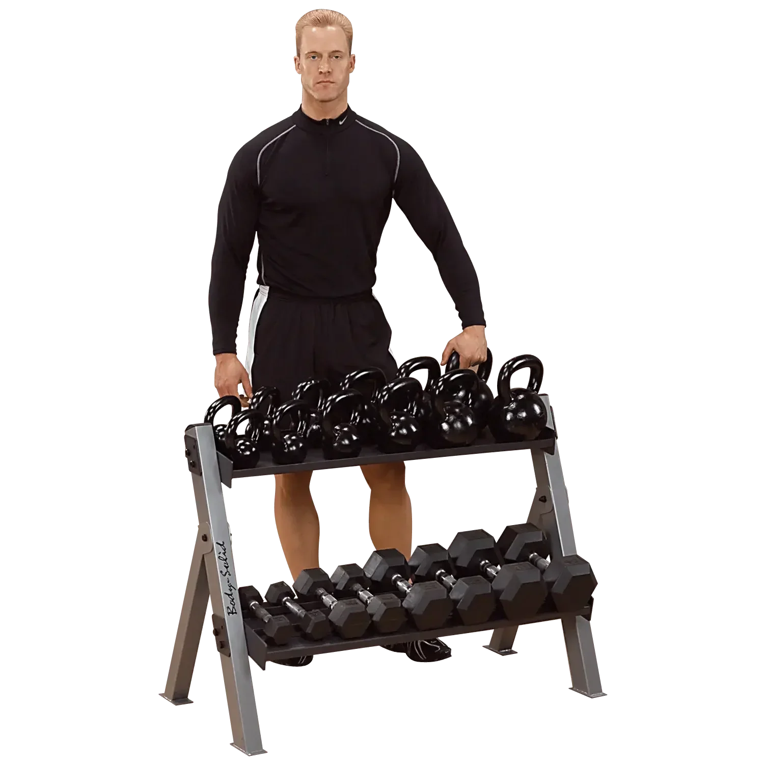 Mann mit Hantelbank und Kettlebells für Homegym & Studio Training