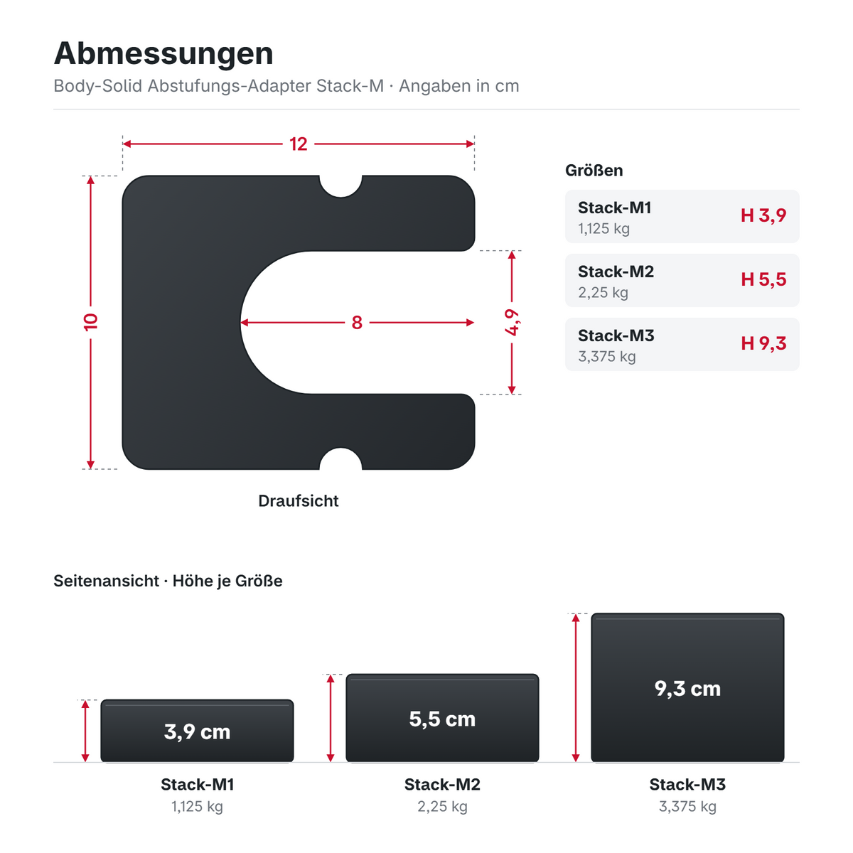 Maßzeichnung Body-Solid Abstufungs-Adapter Stack-M mit Abmessungen 12 x 10 cm und Höhen je Größe