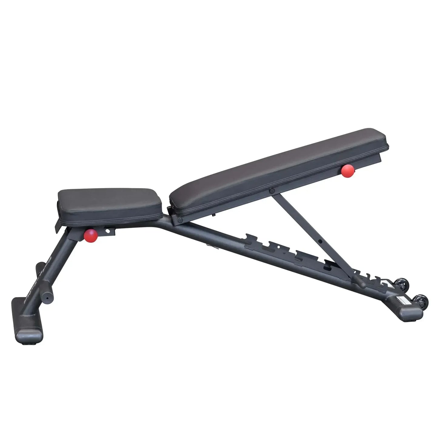 Verstellbare Hantelbank für Homegym mit roten Einstellknöpfen und Rollen, ideal für Krafttraining