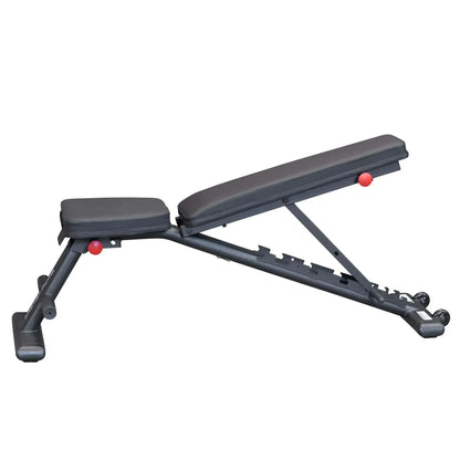 Verstellbare Hantelbank für Homegym mit roten Einstellknöpfen und Rollen, ideal für Krafttraining