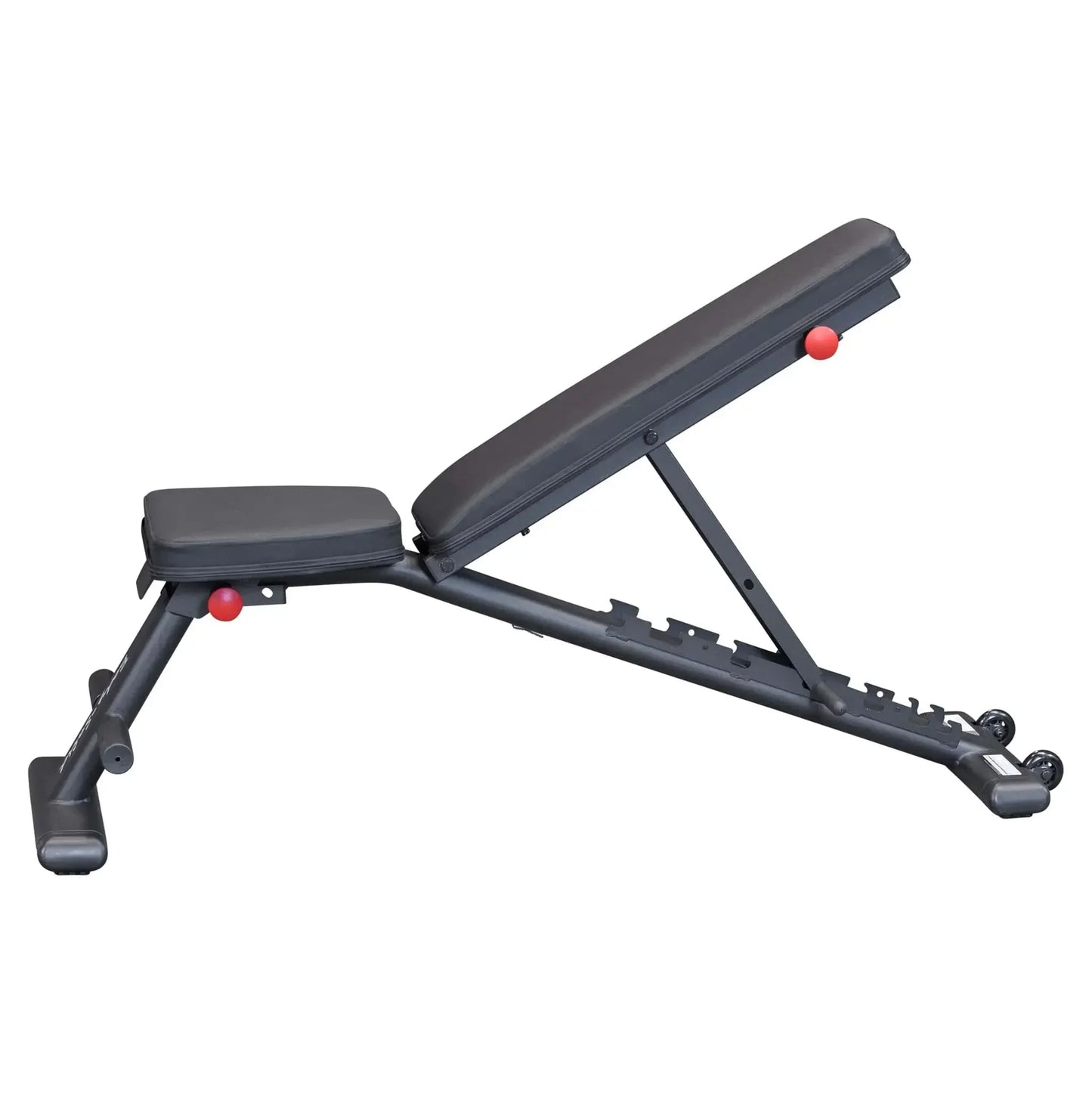 Verstellbare Hantelbank für Homegym und Studio mit roten Einstellknöpfen und Rollen