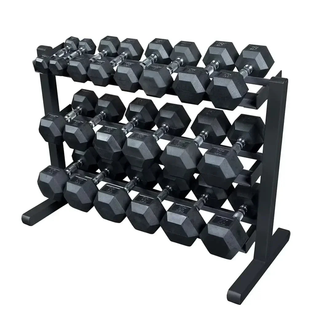 Schwarze Hexagon-Hanteln auf 3-stufigem Hantelständer für Homegym & Studio-Training