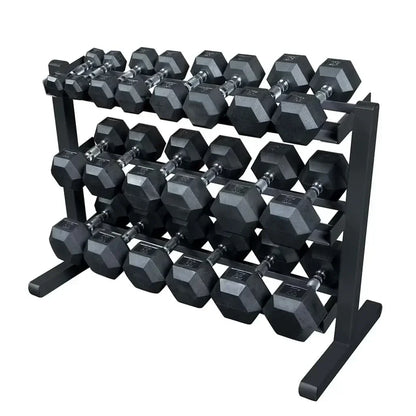 Schwarze Hexagon-Hanteln auf 3-stufigem Hantelständer für Homegym & Studio-Training