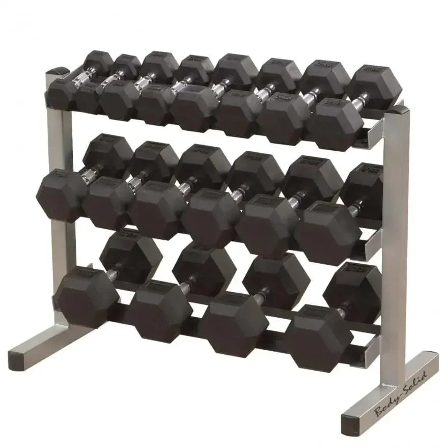 Hantelset mit Hexagon-Hanteln auf Metallständer für Homegym & Studio-Training