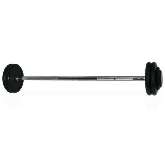 Hantelstange mit schwarzen Gewichten für Krafttraining und Fitness im Homegym