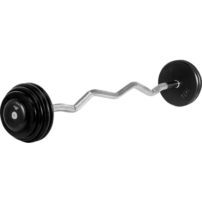 Gewellte Langhantel mit schwarzen Gewichten für Krafttraining und Fitnessübungen