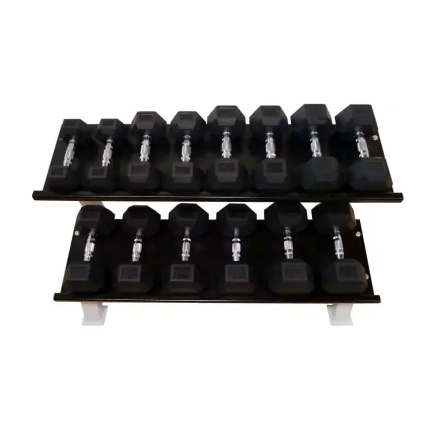 Schwarze Hexagon-Hanteln auf 2-Ebenen-Regal für Homegym & Studio