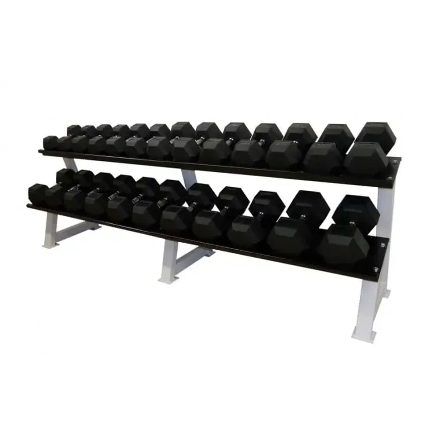 Doppelstöckiger Hantelständer mit schwarzen Sechskant-Hanteln für Homegym & Fitnessstudio