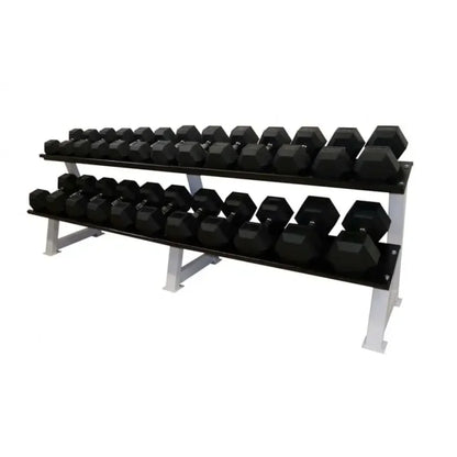 Doppelstöckiger Hantelständer mit schwarzen Sechskant-Hanteln für Homegym & Fitnessstudio