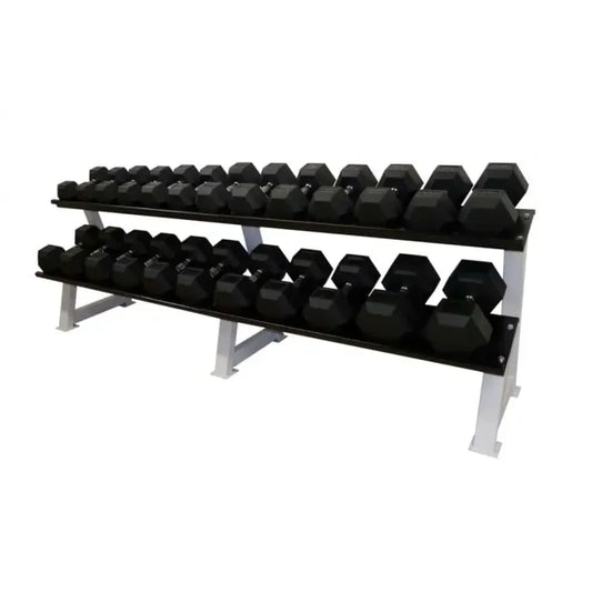 Doppelstöckiger Hantelständer mit schwarzen Sechskant-Hanteln für Homegym & Fitnessstudio