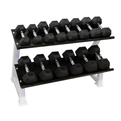 Hantelset mit 2-Ebenen-Regal für Homegym & Studio – robuste Hexagon-Hanteln für Krafttraining