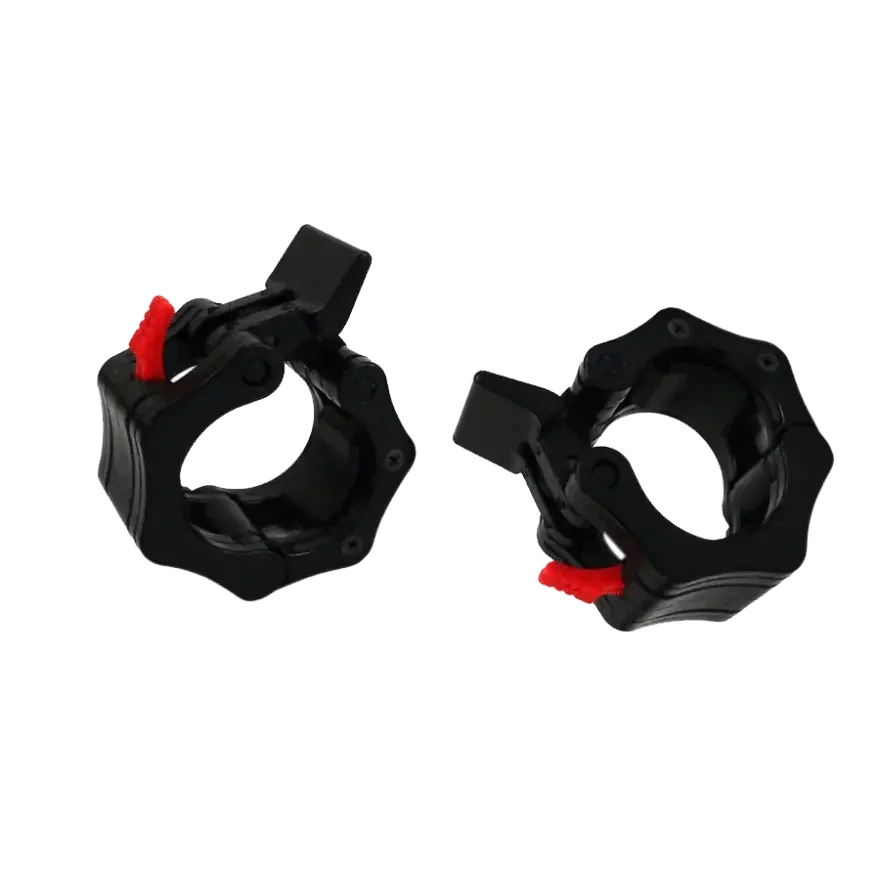 Schwarze Hantelscheibenklemmen mit rotem Griff für sicheren Halt im Homegym oder Studio