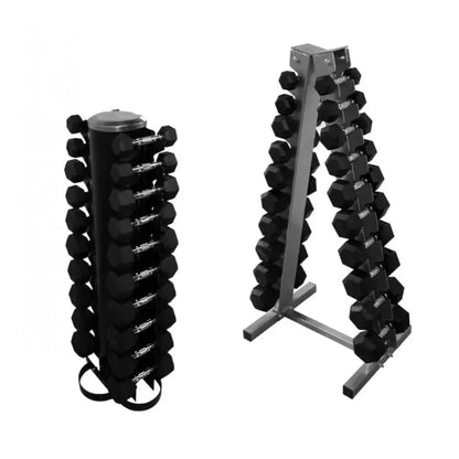 Hantelständer mit schwarzen Hexagon-Hanteln für Homegym & Studio, ideal für Krafttraining und Fitness