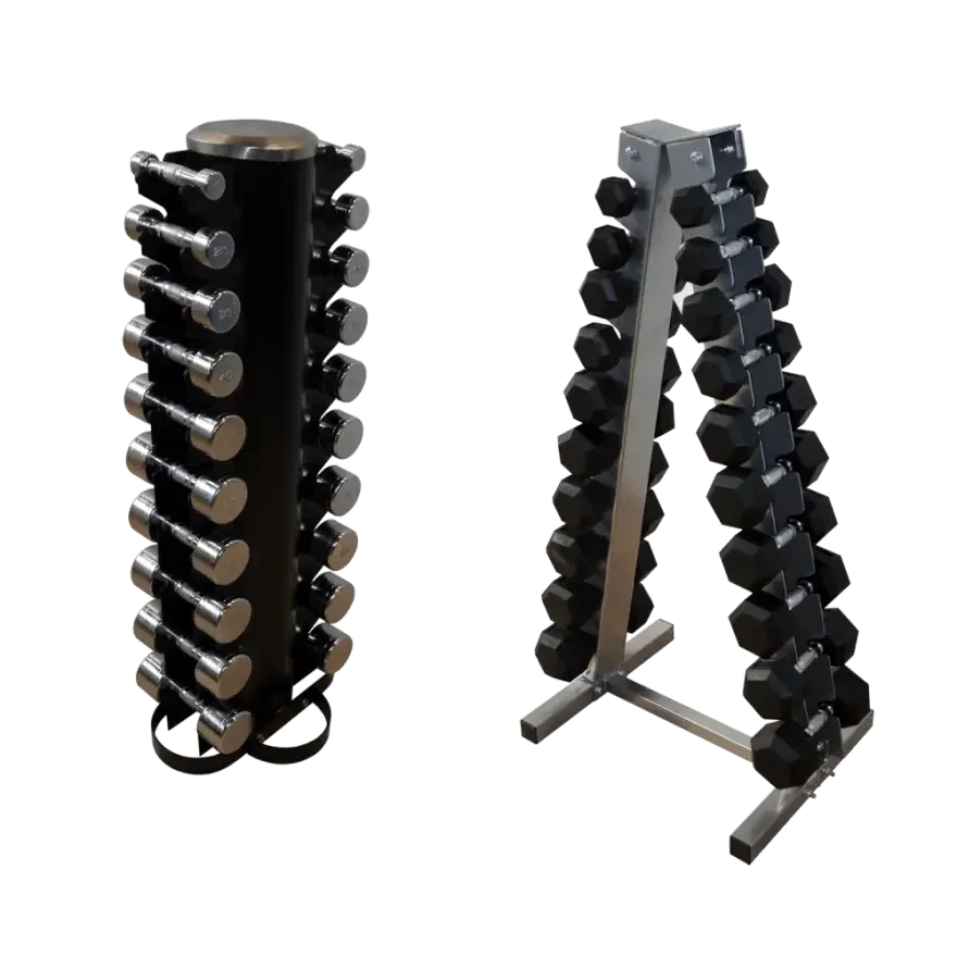 Hantelständer mit Chrom- und Hexagon-Hanteln für Homegym & Studio