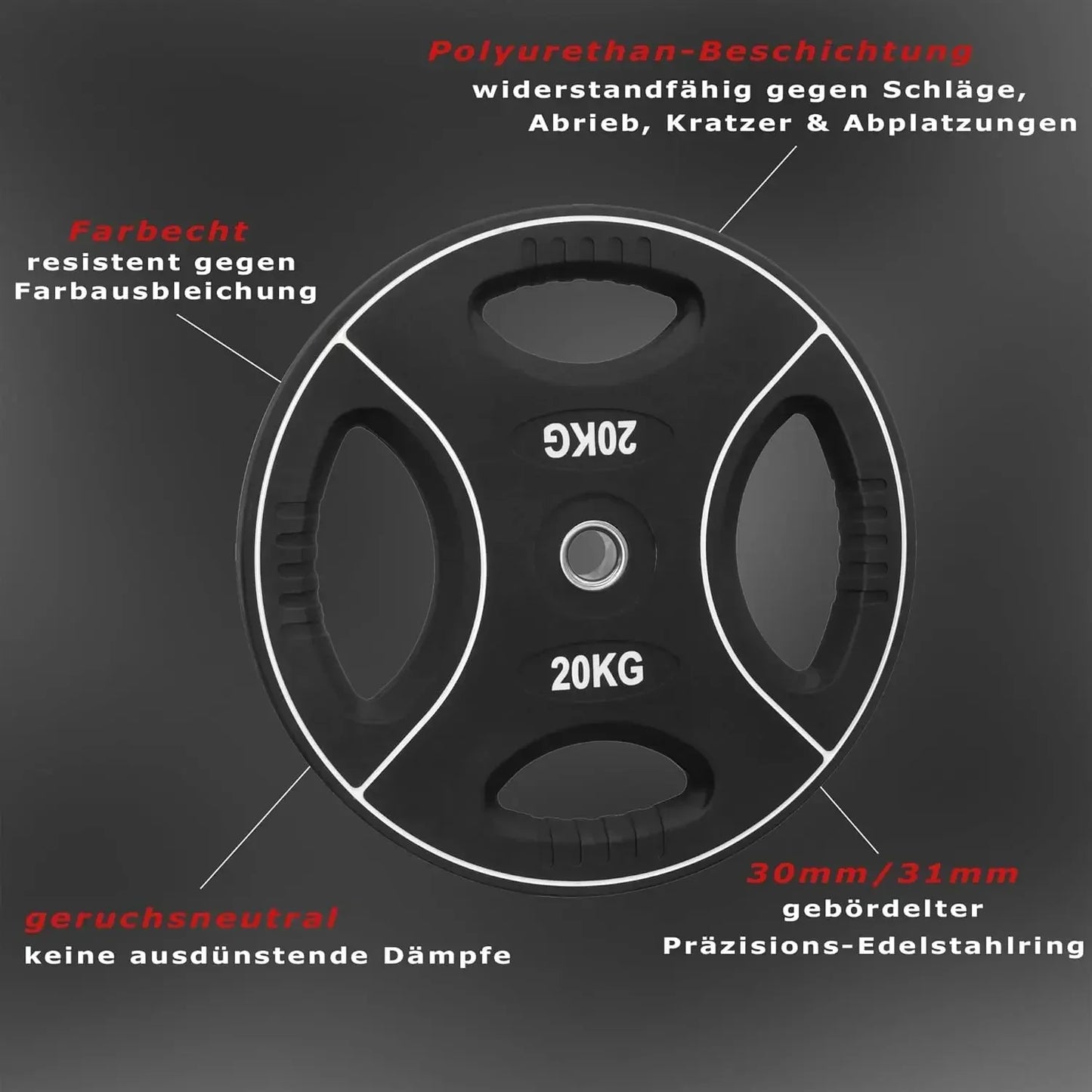 Hantelscheibe | Polyurethan - PU | 30/31 mm | 4-Grip-Design | 1,25 Kg - 25 Kg |