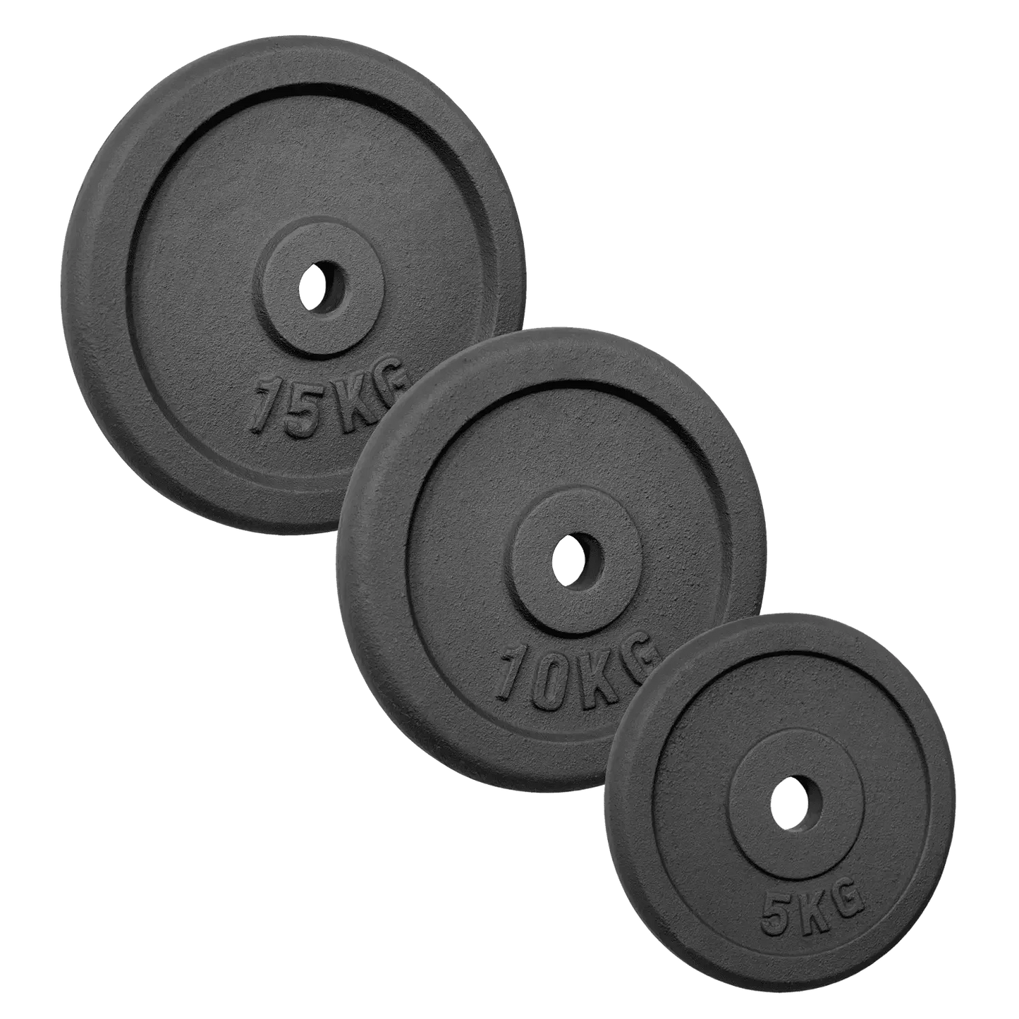 Schwarze Hantelscheiben 5kg, 10kg, 15kg für Krafttraining und Homegym