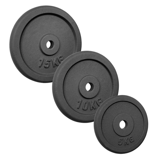 Schwarze Hantelscheiben 5kg, 10kg, 15kg für Krafttraining und Homegym