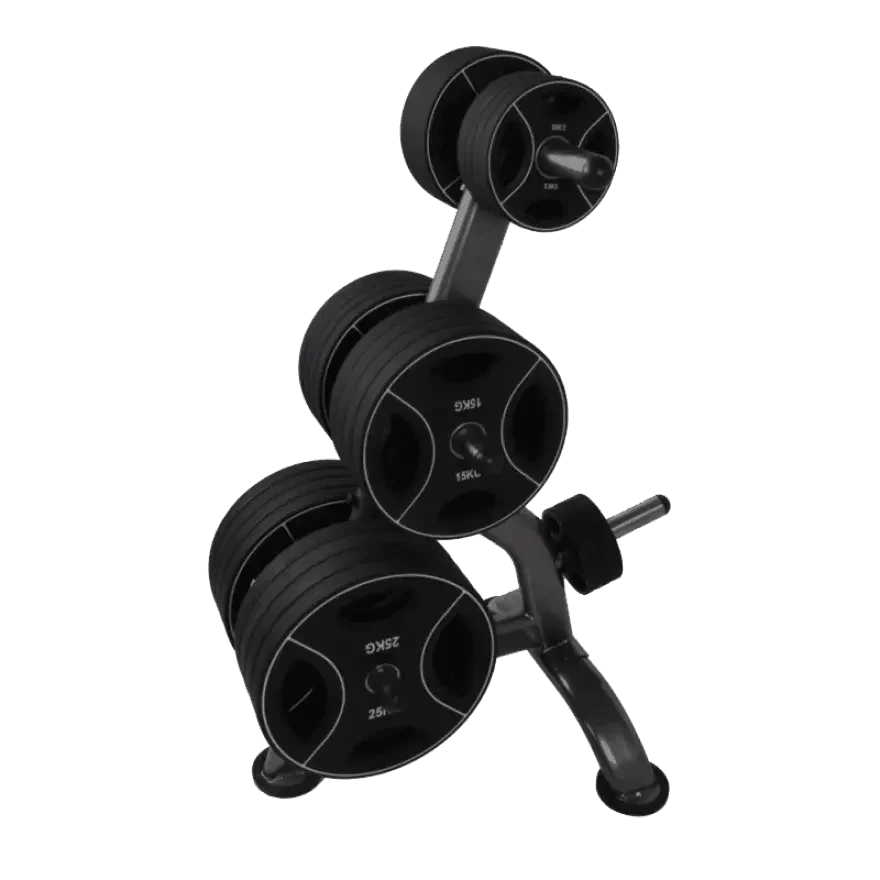 Schwarze Hanteln mit 15kg und 25kg Gewichten auf Halterung für Homegym Training