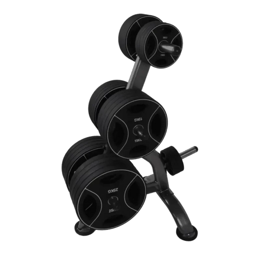 Schwarze Hanteln mit 15kg und 25kg Gewichten auf Halterung für Homegym Training