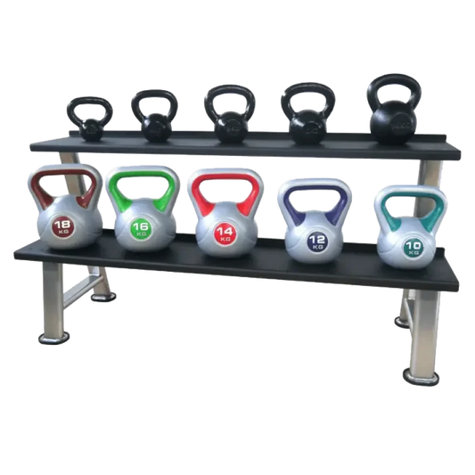 Kettlebell-Set mit Gewichten von 10 bis 18 kg auf Ablagegestell für Homegym & Fitnessstudio