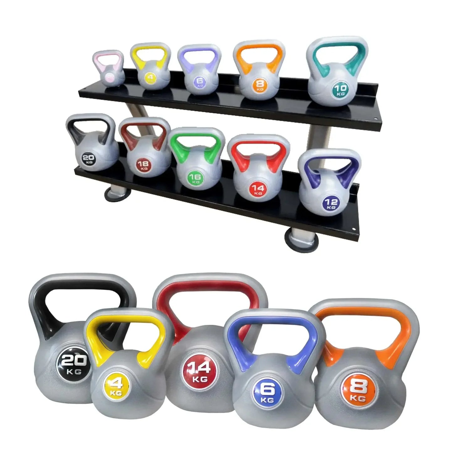 Kettlebell Set mit Gewichten von 4 bis 20 kg auf Ablage, ideal für Homegym und Fitnessstudio