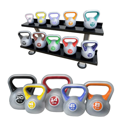 Kettlebell Set mit Gewichten von 4 bis 20 kg auf Ablage, ideal für Homegym und Fitnessstudio