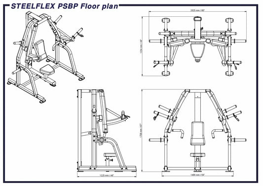STEELFLEX PSBP Kraftstation Maßzeichnung mit Abmessungen für Homegym & Studio