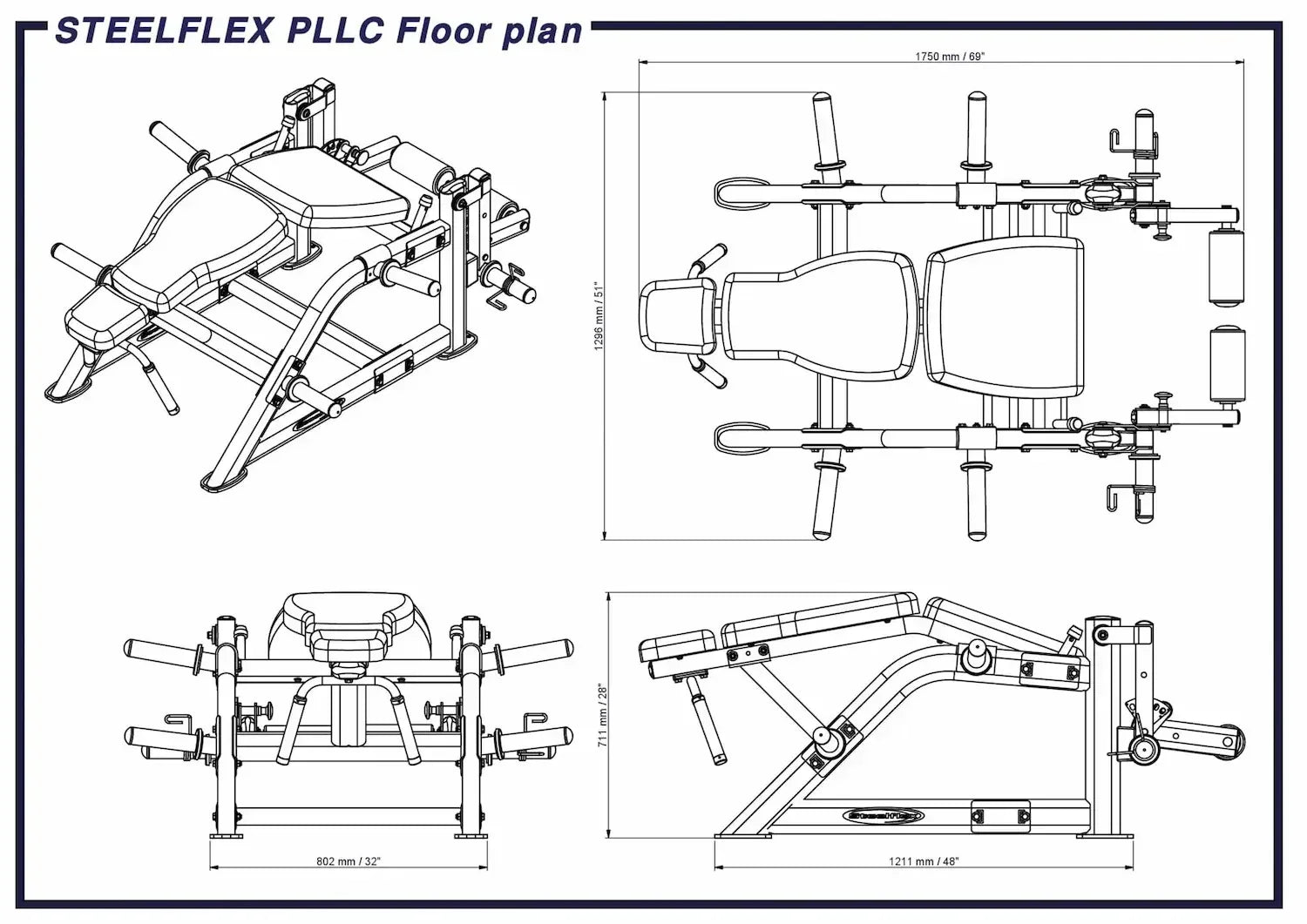 STEELFLEX PLLC Kraftstation Maßzeichnung mit Grundriss und Abmessungen für Homegym & Studio