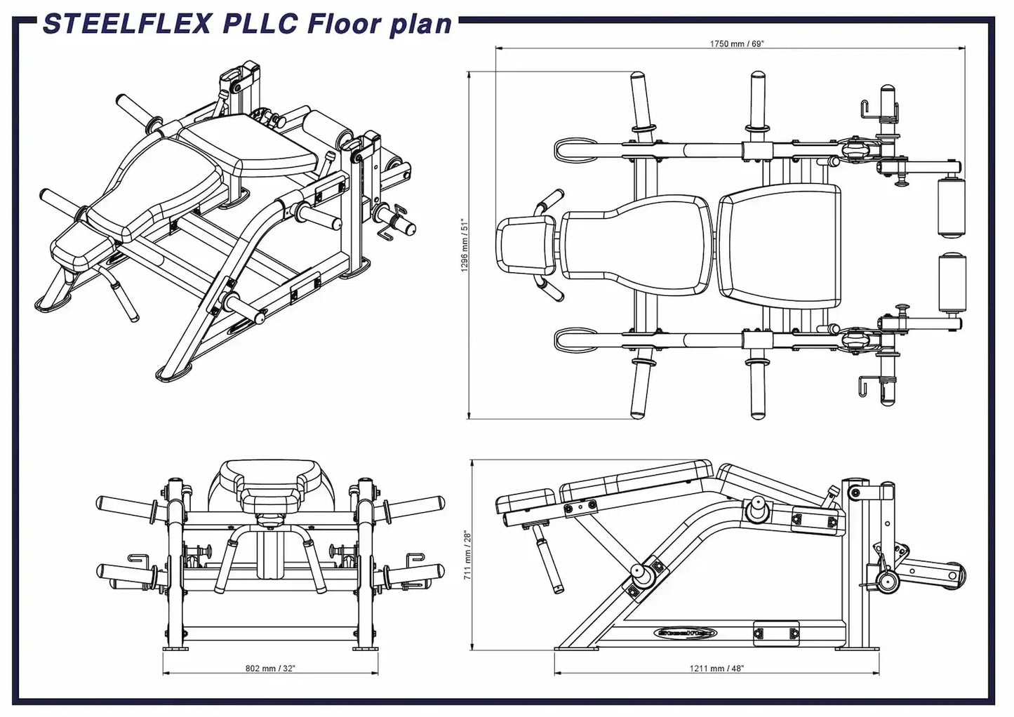 STEELFLEX PLLC Kraftstation Maßzeichnung mit Grundriss und Abmessungen für Homegym & Studio