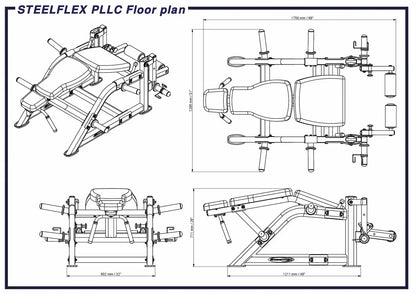 STEELFLEX PLLC Kraftstation Maßzeichnung mit Grundriss und Abmessungen für Homegym & Studio