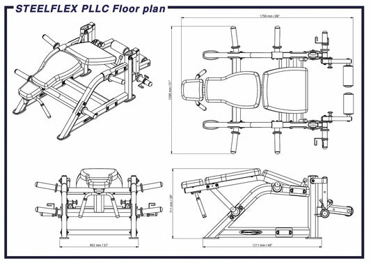 STEELFLEX PLLC Kraftstation Maßzeichnung mit Grundriss und Abmessungen für Homegym & Studio