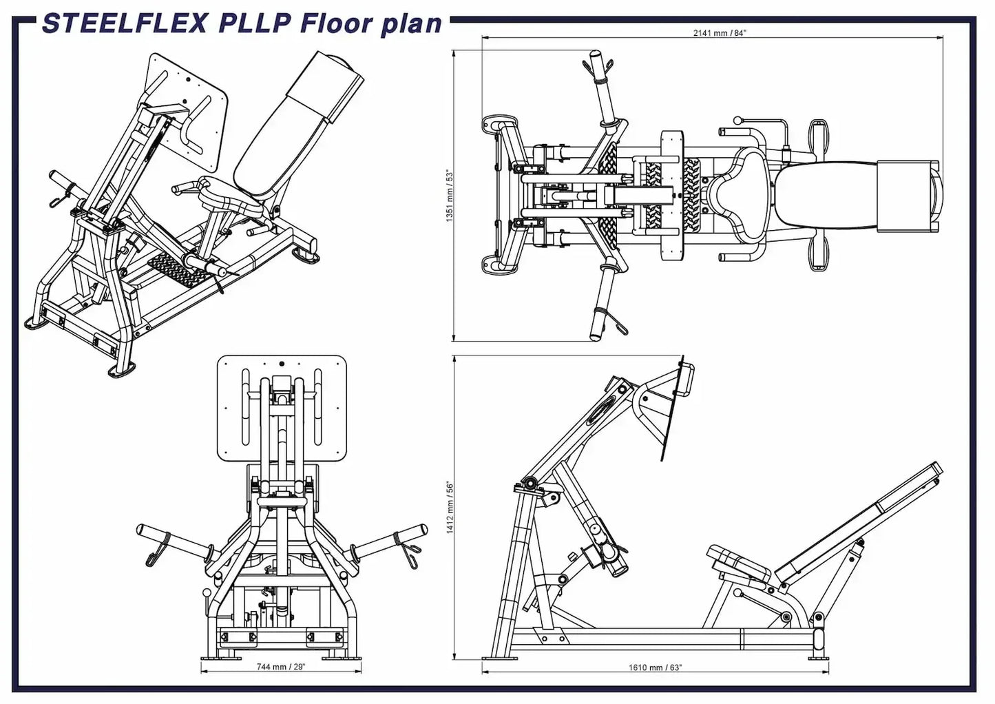 STEELFLEX PLLP Kraftstation Maßzeichnung für Homegym & Studio mit Abmessungen