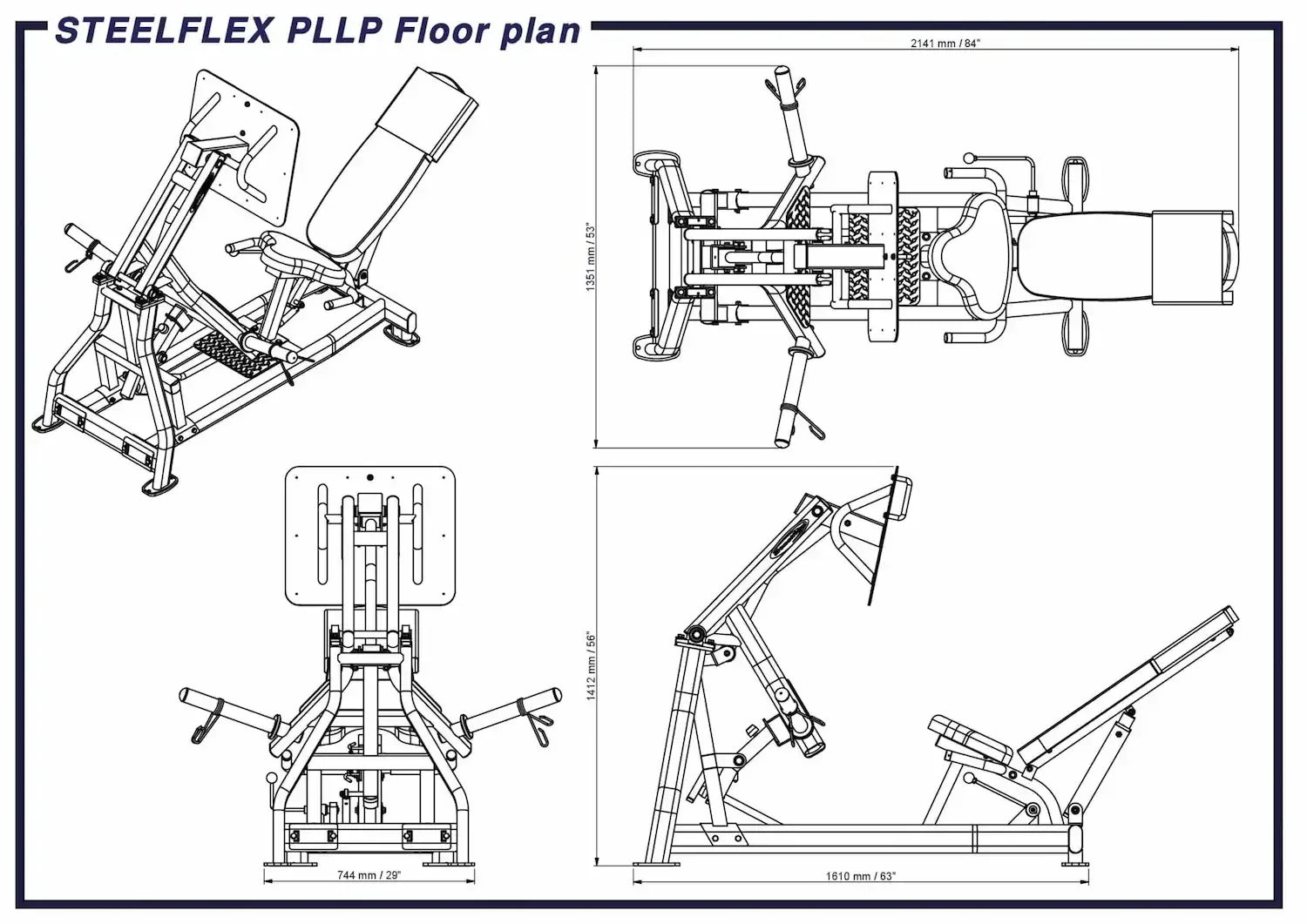 STEELFLEX PLLP Kraftstation Maßzeichnung für Homegym & Studio mit Abmessungen